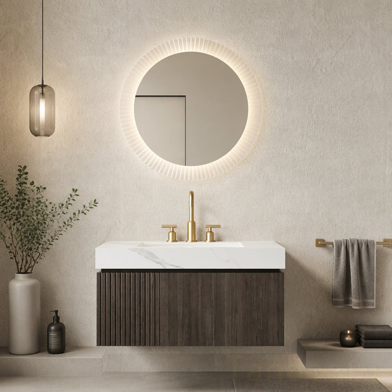 Meuble-lavabo de salle de bain, meuble de rangement flottant en contreplaqué avec tiroir et porte, plateau en pierre frittée Carrara et lavabo en céramique avec 3 trous de robinet pré-percés, pré-assemblé