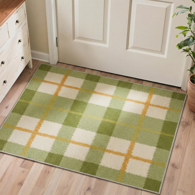 Modern Checkered Machine Washable Green / Beige / Orange Indoor Area Rug with Non-Slip Backing, Rectangle 6' x 9'