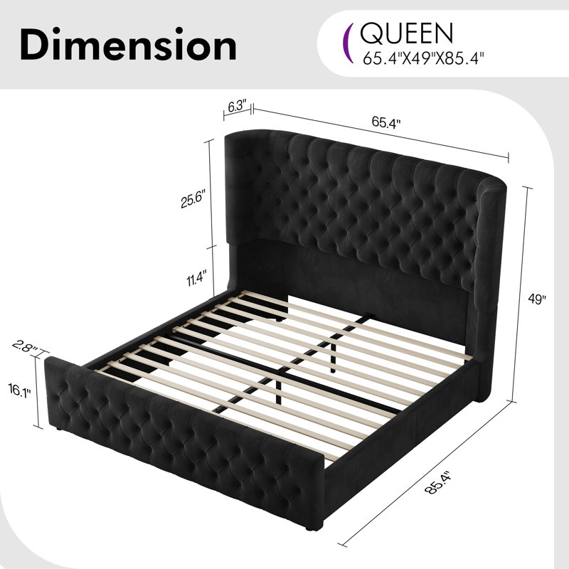 Deep Tufted Headboard Upholstered Wingback Bed, Black, Queen