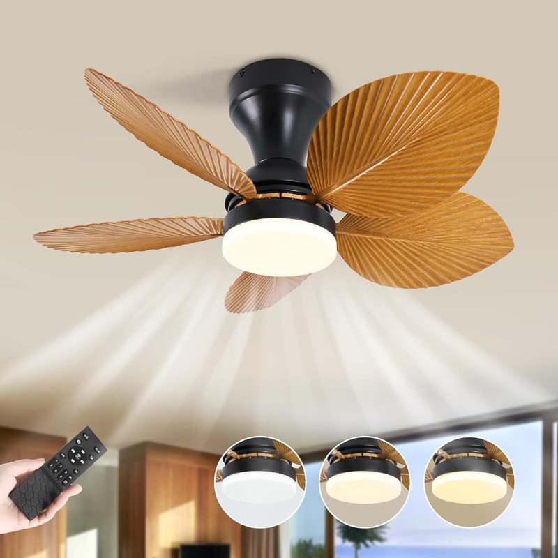 Ventilateur de plafond tropical de 26 pouces avec éclairage à DEL, ventilateur de patio extérieur en feuille de palmier, 5 pales, ventilateur de plafond Boho, ventilateur encastré avec télécommande pour la cuisine de la chambre à coucher à l'inté