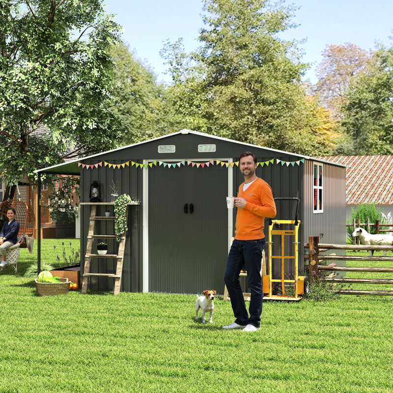 Remise de rangement extérieure 10 pi x 12 pi, très grande remise en métal pour la cour, le patio et le jardin, portes coulissantes lisses, conception à deux zones pour garder les bûches sèches, fenêtres à 4 panneaux, acier galvanisé résistant aux intempéries, gris