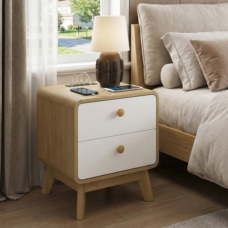 Aries Set Of 2 Nightstands With Charging Station, 2 Drawer Bedside Tables With Storage, Night Stands For Bedroom, End Table Or Side Table For Living Room, 15.5" X 18.9" X 21.7", Oak/White