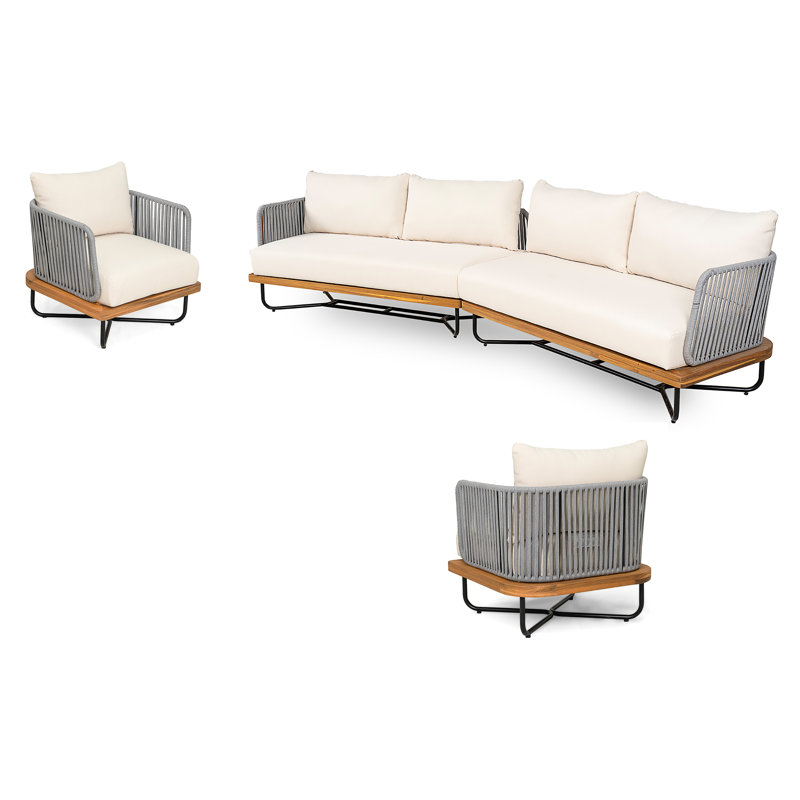 Ensemble de conversation d'extérieur en corde d'acacia tissé 4 pièces avec coussins Braylon (table non incluse)