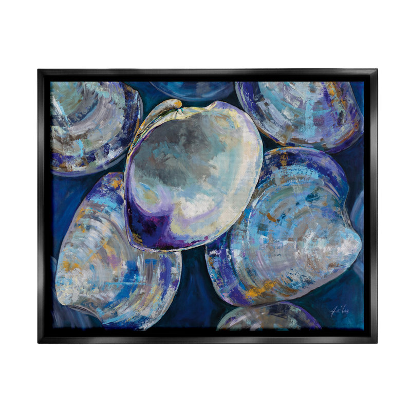 «Empty Seashells Expressive Clam Shells», peinture abstraite sur toile par Jeanette Vertentes, Cadre flottant noir de jais