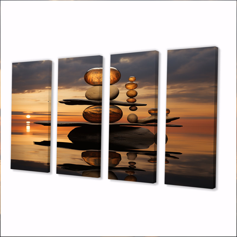 Cairn of Golden Spheres - Spiritual Stone, art mural 4 pièces, H 32 po x l 64 po