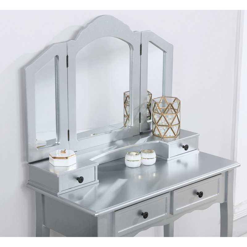 Wooden Vanity Make Up Table And Stool , Silver - Wood Construction With Ample Storage Desk Spacious For Personal Belongings
