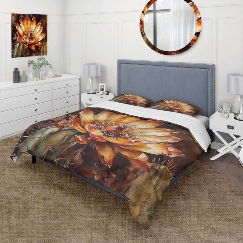 Ensemble de housse de couette en microfibre / polyester orange et vert Cactus Flower II Bedding