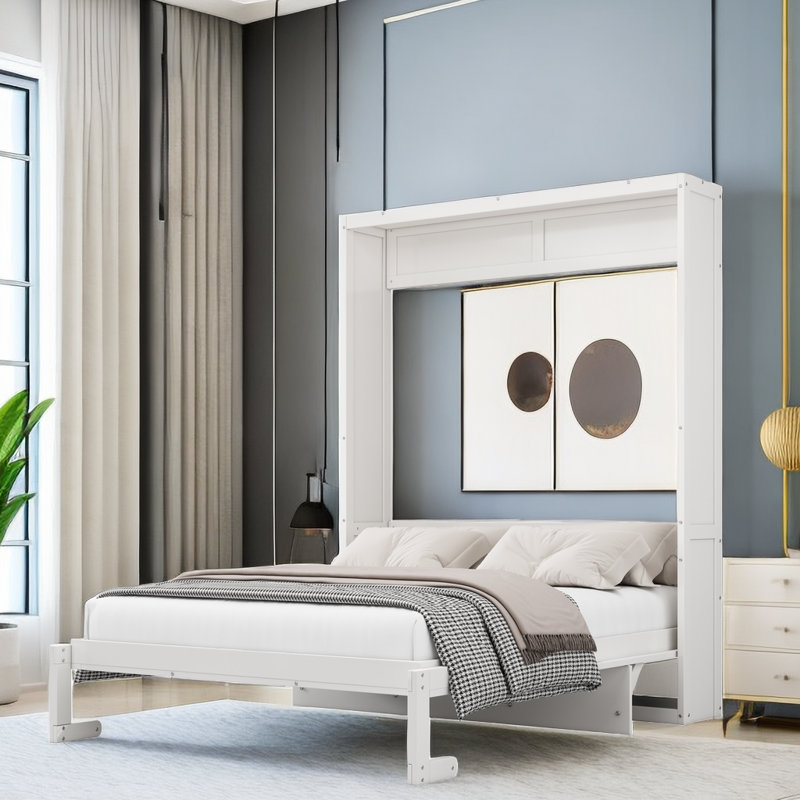 Lit escamotable avec bureau Kailer, Double, Blanc, Pas de rangement