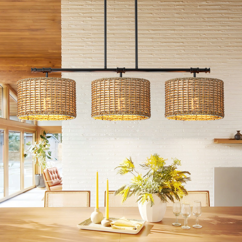 Luminaire suspendu pour îlot de cuisine 3 lumières tissé à la main
