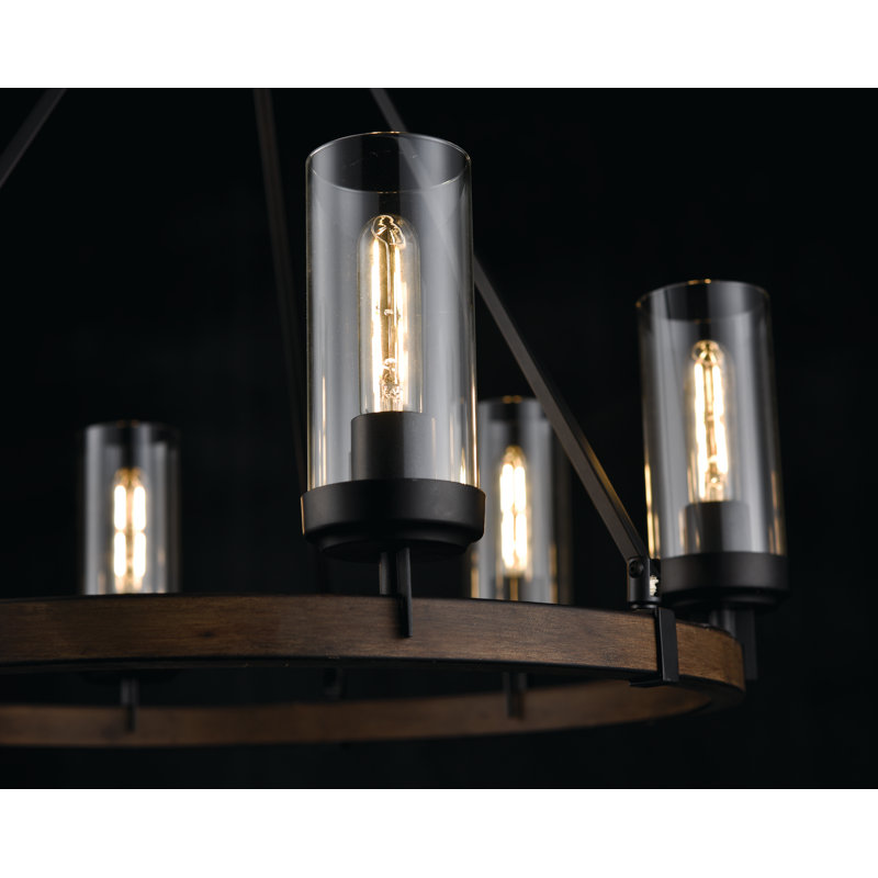 Lustre de roue de wagon unique 6 lumières avec accents de bois Apalachin, Nickel poli / bois de grange