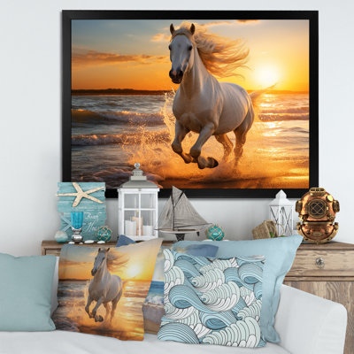 Wild horse running on beach 1 - Coastal Beach Framed Prints