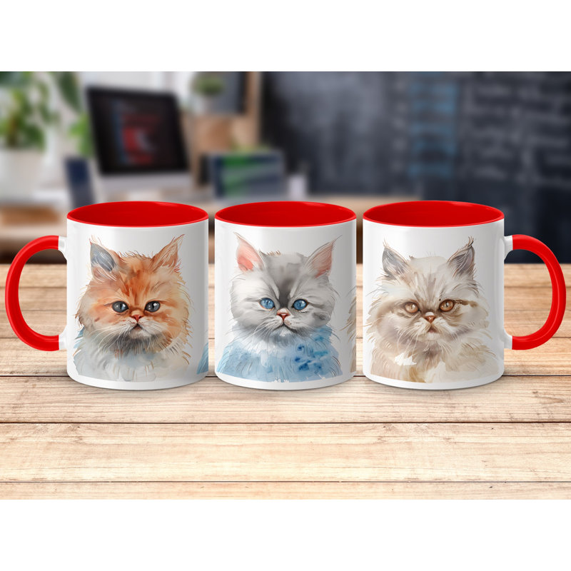 Cat Design 11oz Accent Mug – White Ceramic Coffee Cup with Colored Handle and Interior, Red, 2