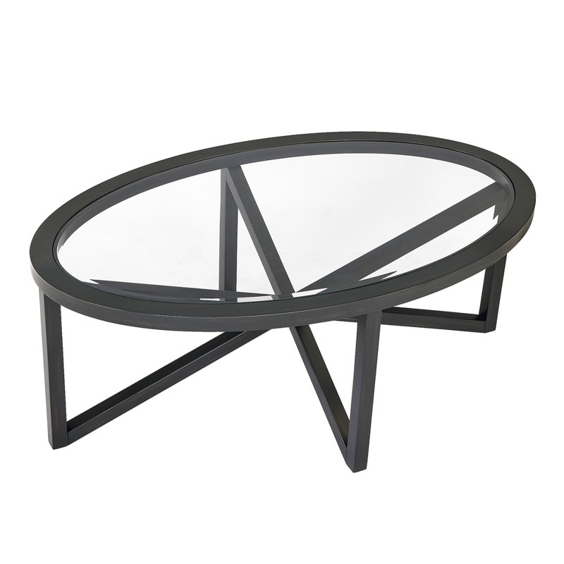 Wood 28.34"oval coffee table with glass top, Black