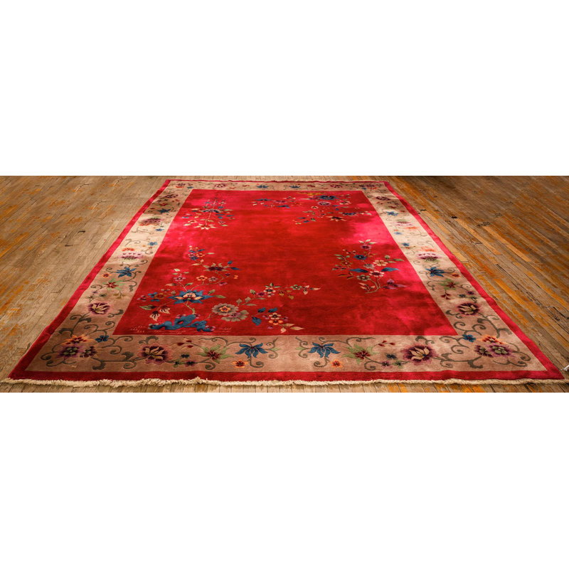 1920s Antique Red Scarlett Floral Haute Modern Knotted Wool Chinese Art Deco Rug