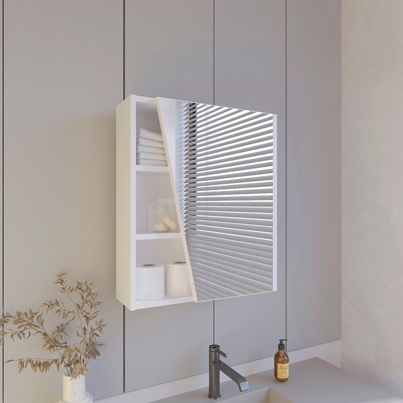 Armoire à pharmacie blanche avec porte en miroir et rangement ouvert