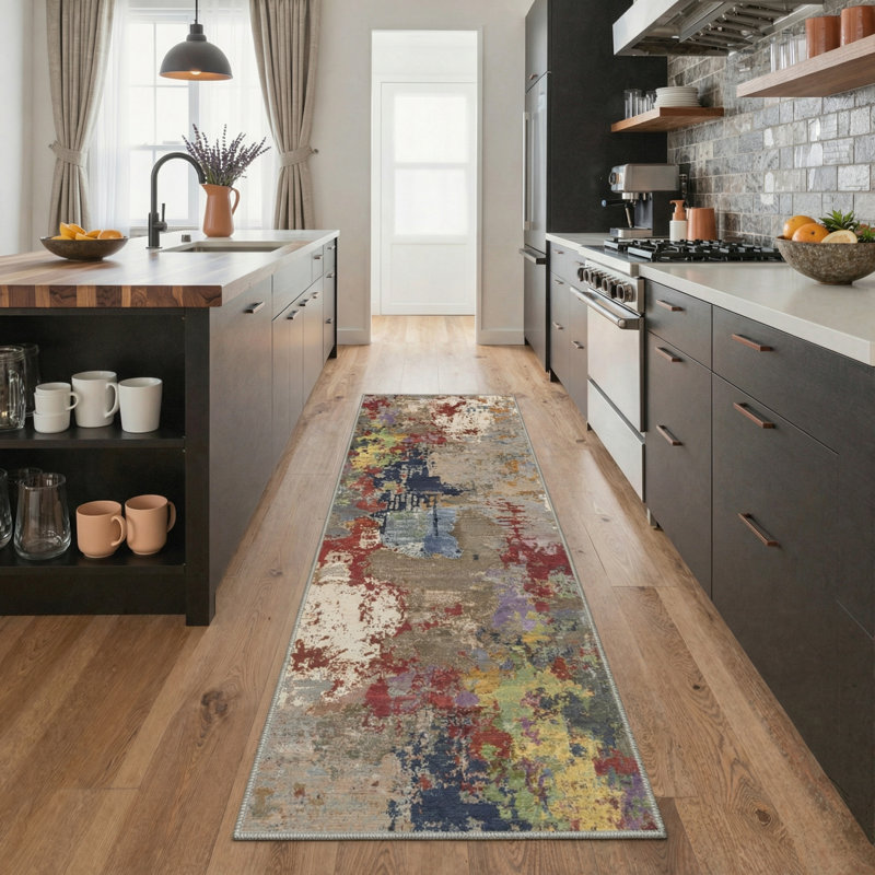 Mignone Aura Abstract Machine Washable Grey / Blue / Red Indoor Area Rug with Non-Slip Backing, Runner 2' x 7'