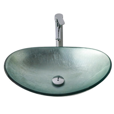 Bathroom Artistic Tempered Glass Silver Vessel Bathroom Sink with Chrome Pop-up Drain Boat Shape Bathroom Sink Above Counter
