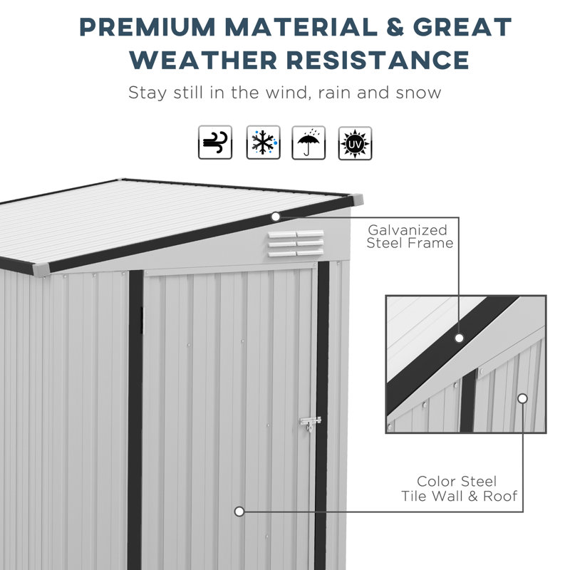 4 pi L 6 pi. D Abri de rangement extérieur en métal, design Lean-To, portes verrouillables et évents d'aération pour la pelouse et le patio, blanc (24 pieds carrés)