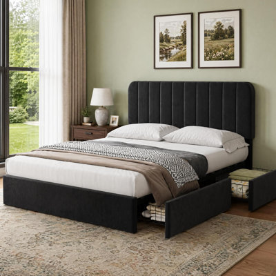 Upholstered Velvet Bed Frame, Storage Platform Bed with 4 Drawers, Height Adjustable Headboard, Wooden Slats Support, No Box Spring Needed, Easy Assembly