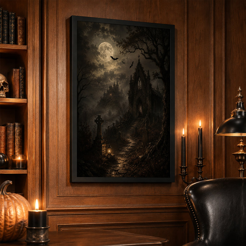 «Gothic Church and Castle Under Full Moon Halloween», art mural sur toile, H 30 po x l 20 po