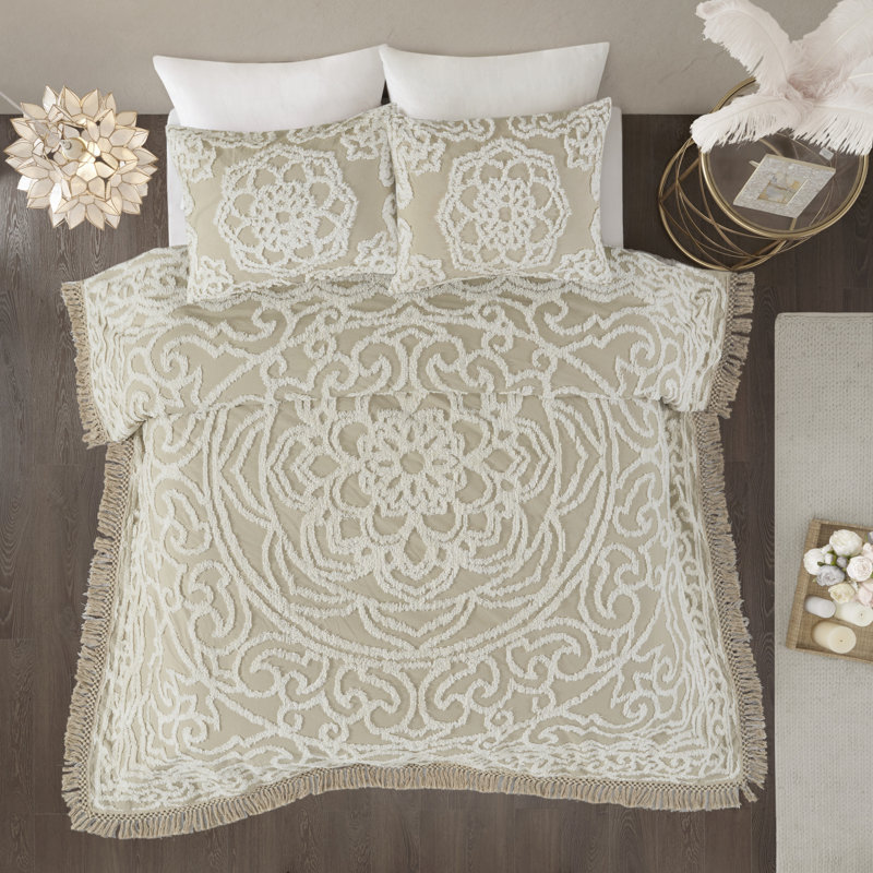 King Beige Cotton Chenille Medallion Fringe Coverlet Set