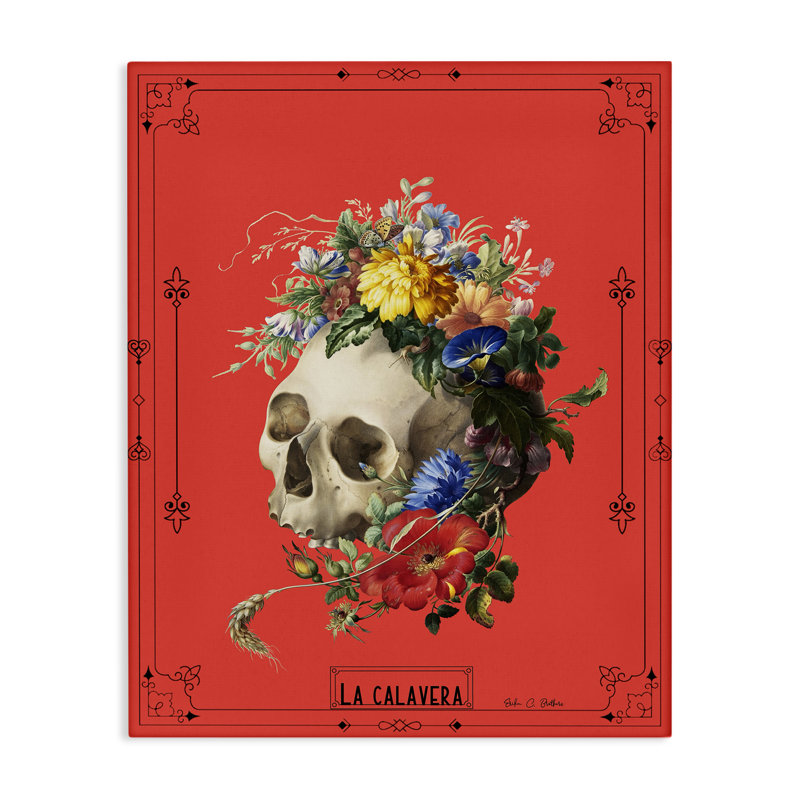 Art mural traditionnel sur toile avec crâne orné de fleurs, design par Erika C. Brothers, 30" H x 24" W