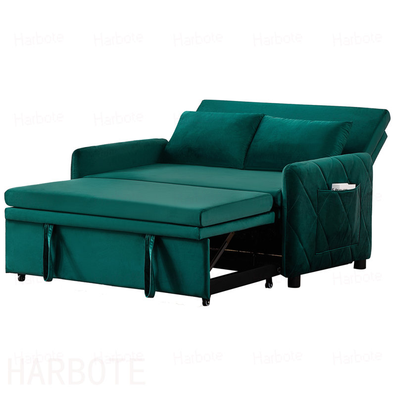 Canapé-lit convertible en velours, causeuse à dossier réglable à 5 positions avec lit escamotable, poche latérale, canapé 2 places multifonctionnel