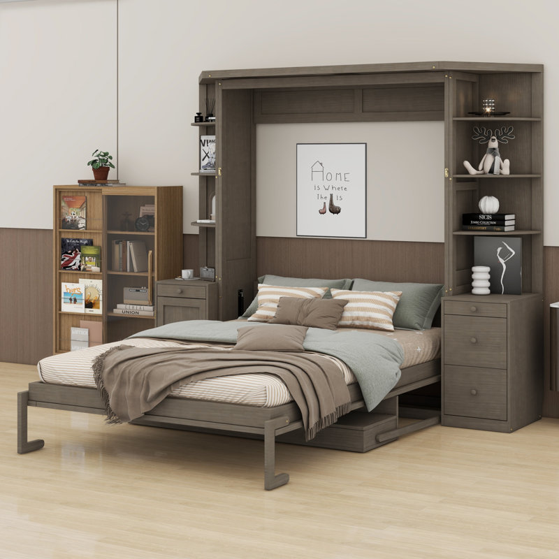 Lit escamotable multifonctionnel avec bureau, tablettes de rangement et armoires, Gris patiné