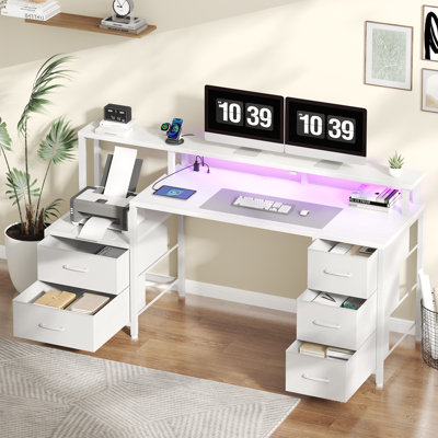67'' Computer Desk with 4 Drawer, Printer Cabinet and Power Outlet