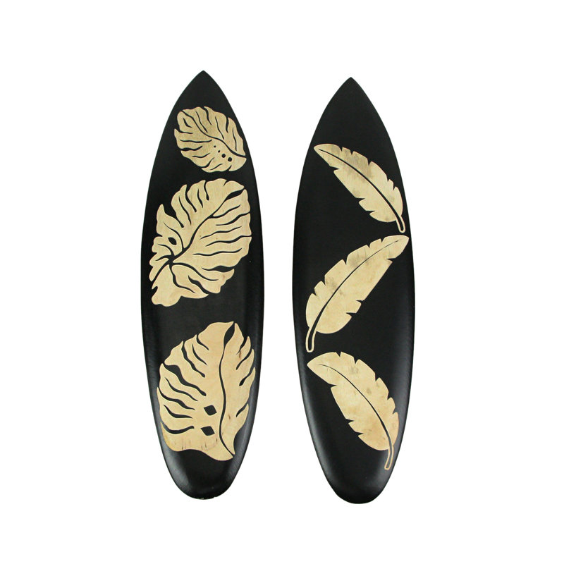 Tropical set of 2 handcrafted wood surfboard wall sculptures with etched leaf designs — antique white and black, 20" x 5.75" x 0.5" each