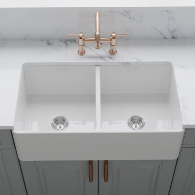 33" Crestwood Fireclay Kitchen Sink, Farmhouse Sink, Rectangle Double Bowl Apron Front, Plain Ceramic Farm sink