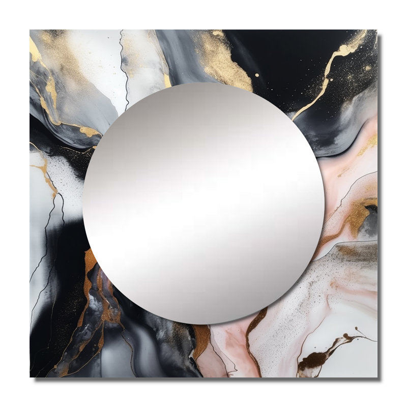 Black Gold Texture Splash Marble - Abstract Marble Square Living Room Wall Mirror Art, 29" x 29"