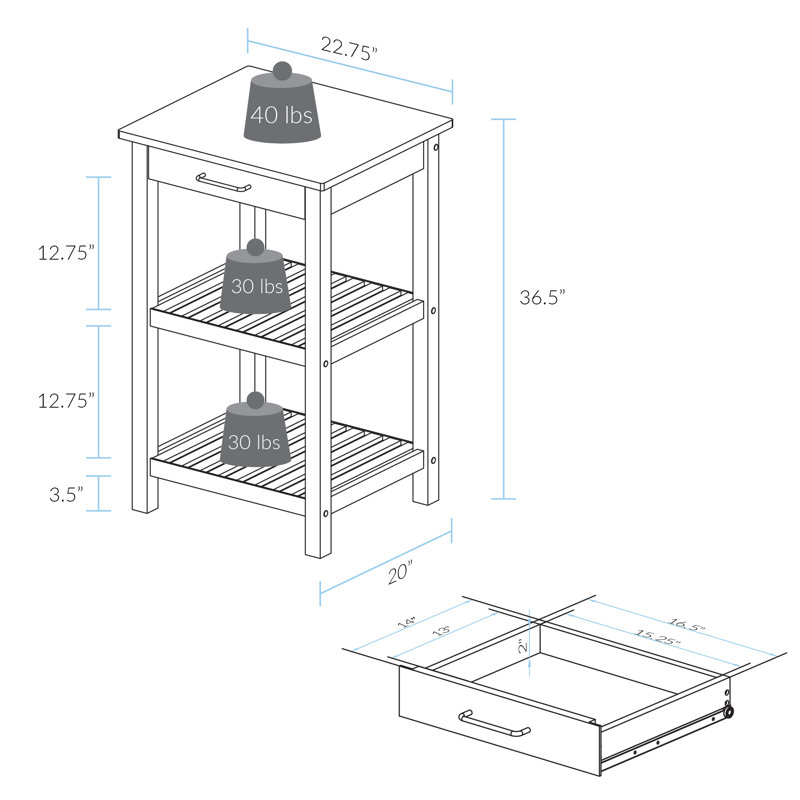 Table de préparation en bois massif de 40 po Herriott, 36,5 po H x 23 po l x 20 po P, Gris ardoise