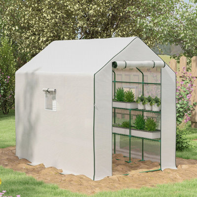 Portable Greenhouse, Water/UV Resistant Walk-In Small Outdoor Greenhouse With 2 Tier U-Shaped Flower Rack Shelves, Roll Up Door & Windows