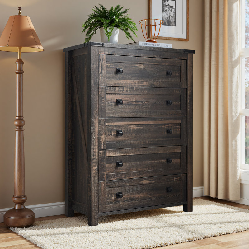 Commode en bois Farmhouse - 5 tiroirs, rangement polyvalent, Chêne rustique foncé