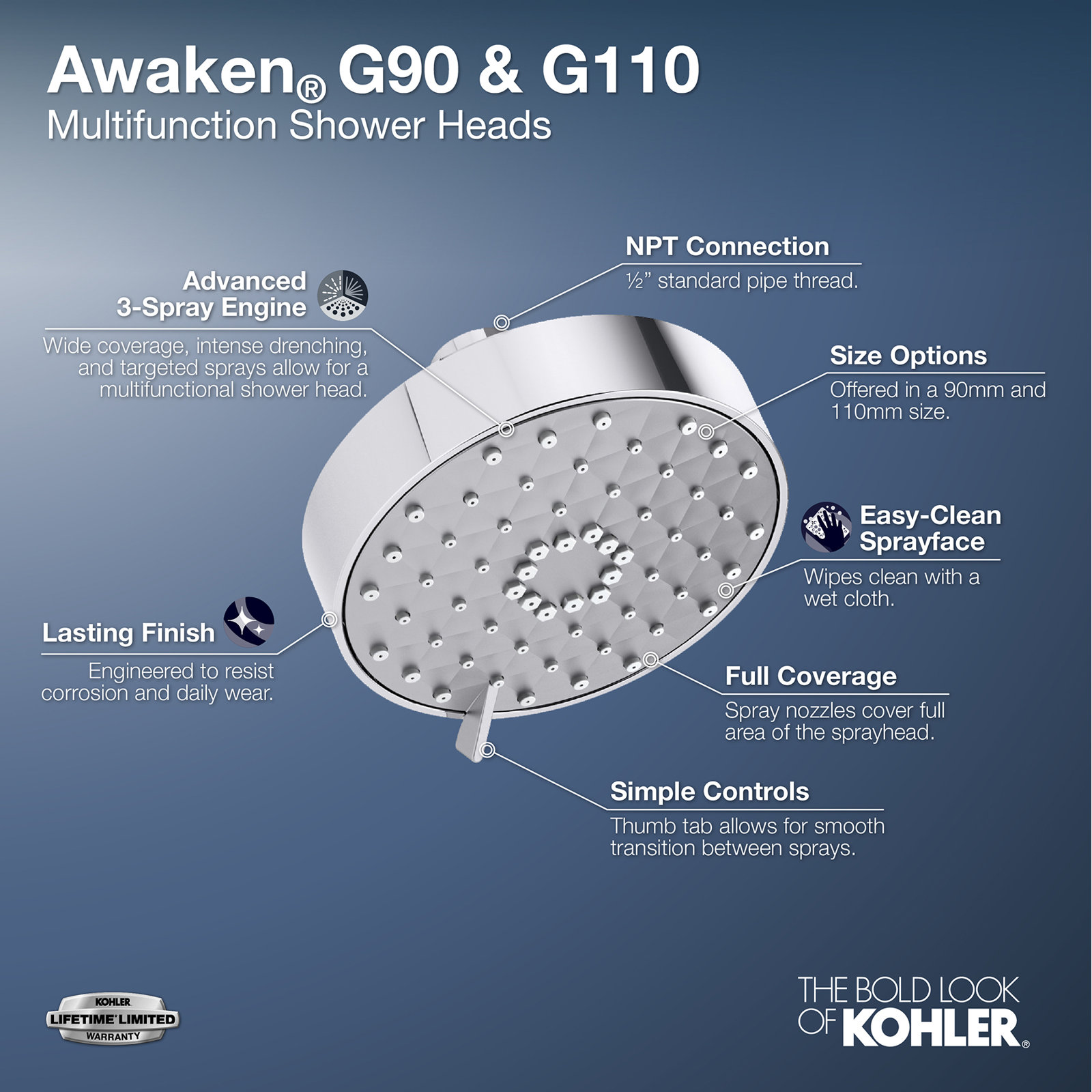 Awaken G110 Full/Standard Low Flow Shower Head 2.0 GPM, Polished Chrome