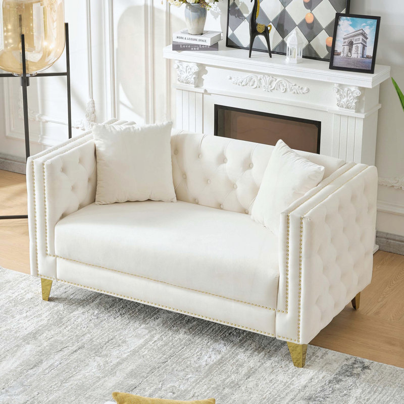 Canapé Chesterfield 2 places avec velours, Beige