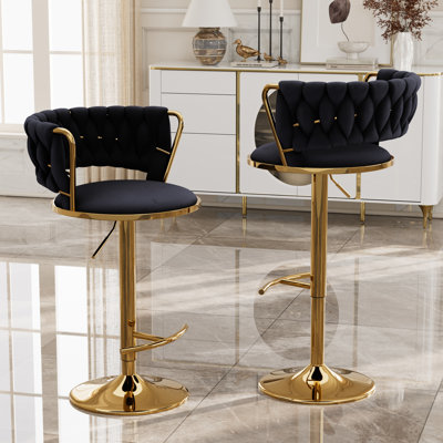 Modern Velvet Upholstered Bar Stools (Set of 2 or 4), 360° Swivel, Height-Adjustable Bar Stools with Gold and Silver Metal Base, Comfortable Counter Stools for Kitchen Islands, Home Bars, Pubs, and Cafés