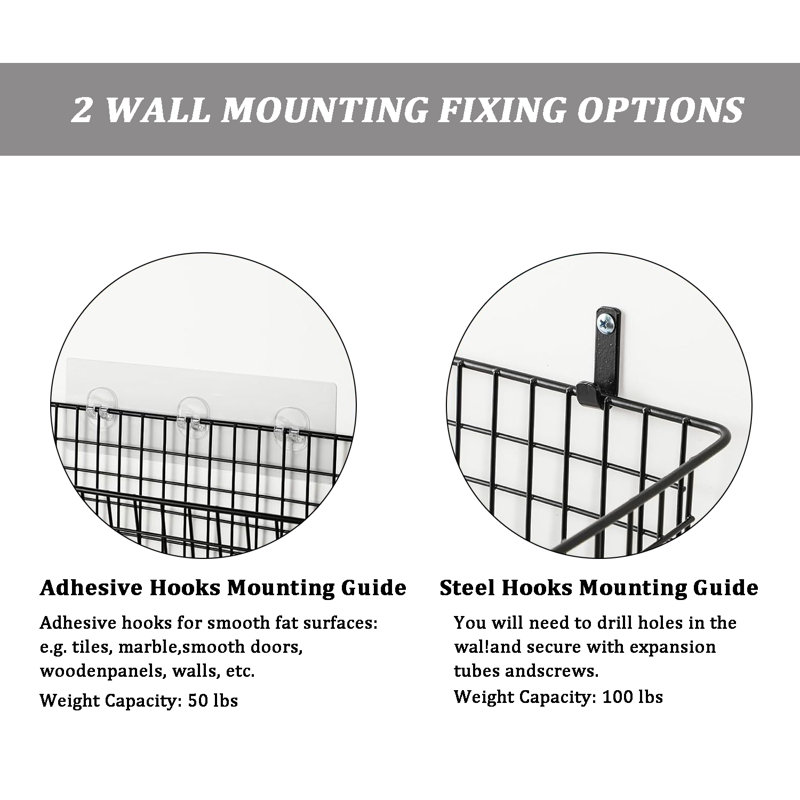 Black Metal Wall Organizer with Hanging Baskets Set of 4