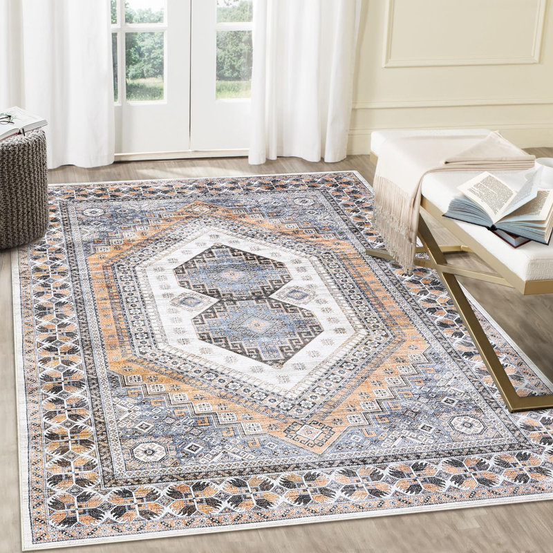 Machine Washable Rug Low Pile Rug Bohemian Tribal Bedroom Rug Stain Resistant Ultra-Thin Non-Slip Distressed Carpet for Living Room