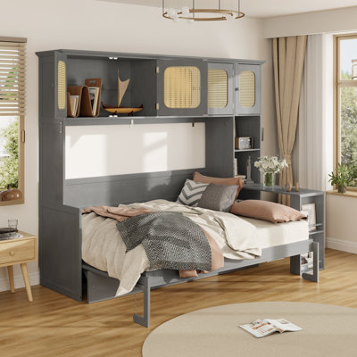 Full Murphy Bed with Desk and Rattan Cabinets, Space-Saving Wall Bed for Home Office