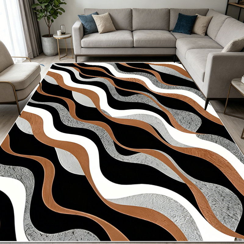 1PC Brown Black White Gray Wavy Stripe Geometric Abstract area rugs for Living Room, Soft and Comfortable, Suitable for all seasons, easy-to-maintain, machine washable Indoor floor mat, Under Table Farmhouse suitable for Dining Room, Bedroom,
