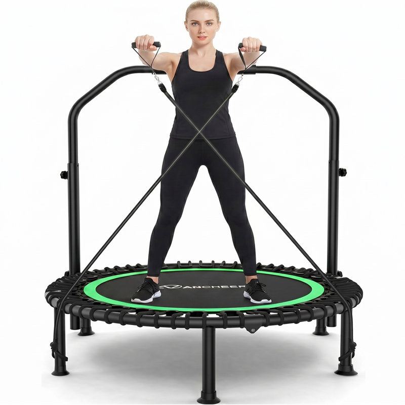 48" Foldable Mini Trampoline,Max Load 550Lbs Indoor Trampoline,With 4 Level Adjustable Foam Handle And Resistance Bands,Adult Exercise Trampoline For Home, Garden, And Gym
