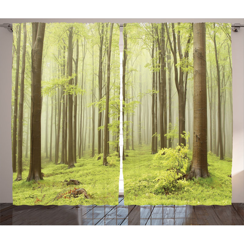 Misty Forest Green and Beige Sheer Polyester Curtain Panels