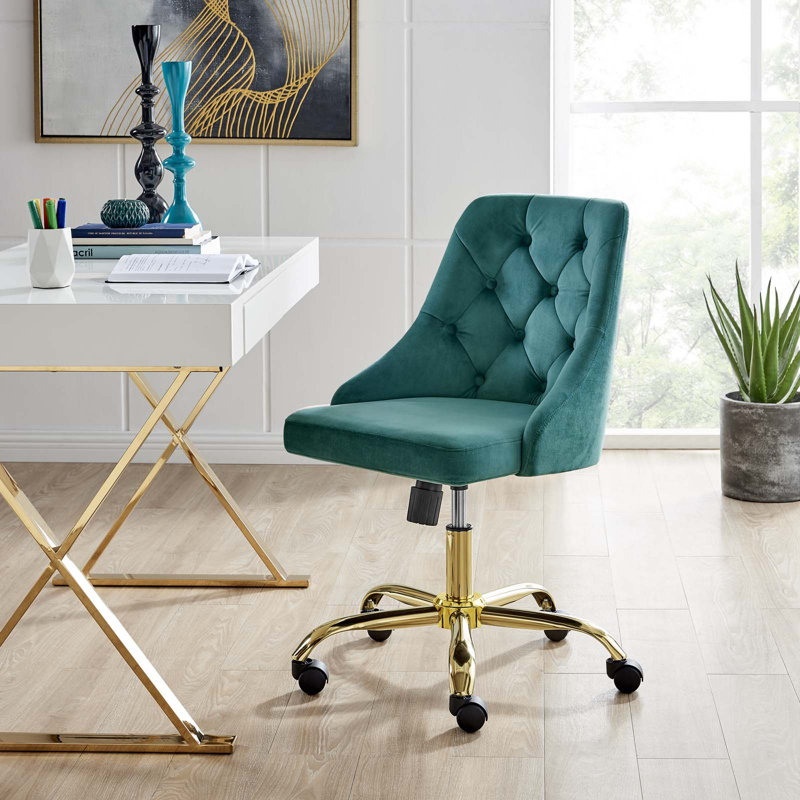 Distinct Tufted Swivel Performance Office Chair, Gold, Velvet, Teal Plainweave