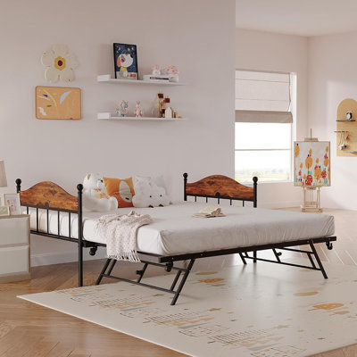 Brown Metal Twin Daybed With Trundle, Stylish Headboard And Pop-Up Foldable Trundle, Heavy Duty Steel Slat Sofa Bed For Bedroom, Living Room, Or Guest Room