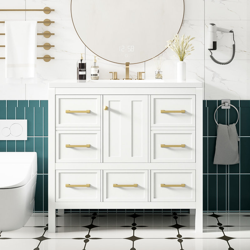 Meuble-lavabo 36 po, 5 tiroirs, fermeture en douceur, structure en bois blanc, planches, bois massif, 35.63", Blanc