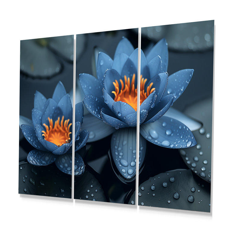 «Blue Monicolang Lotus Pond Radiant Blooms III - Lotus», ensemble d'art mural, H 28 po x l 36 po x P 1 po