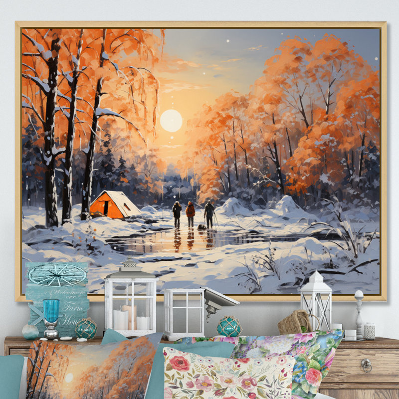 Winters Camping Glow II - paysages, impressions d'art mural, Cadre naturel flottant, H 16 po x l 32 po x P 1 po