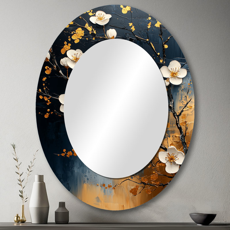 Doré et bleu cerisier en fleurs, paysage III - miroir décoratif ovale floral sur métal, 43 po x 33 po